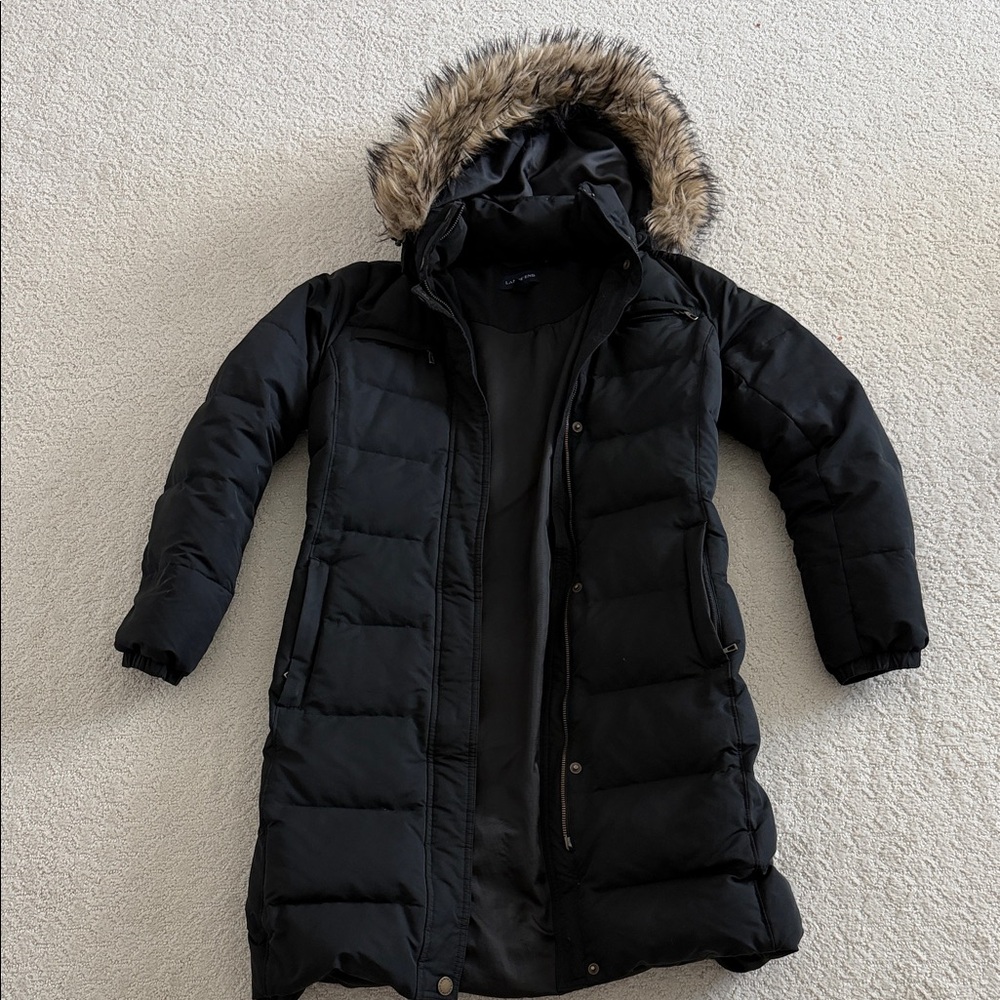 Land’s End Black Long Puffer Coat with Faux Fur Hood